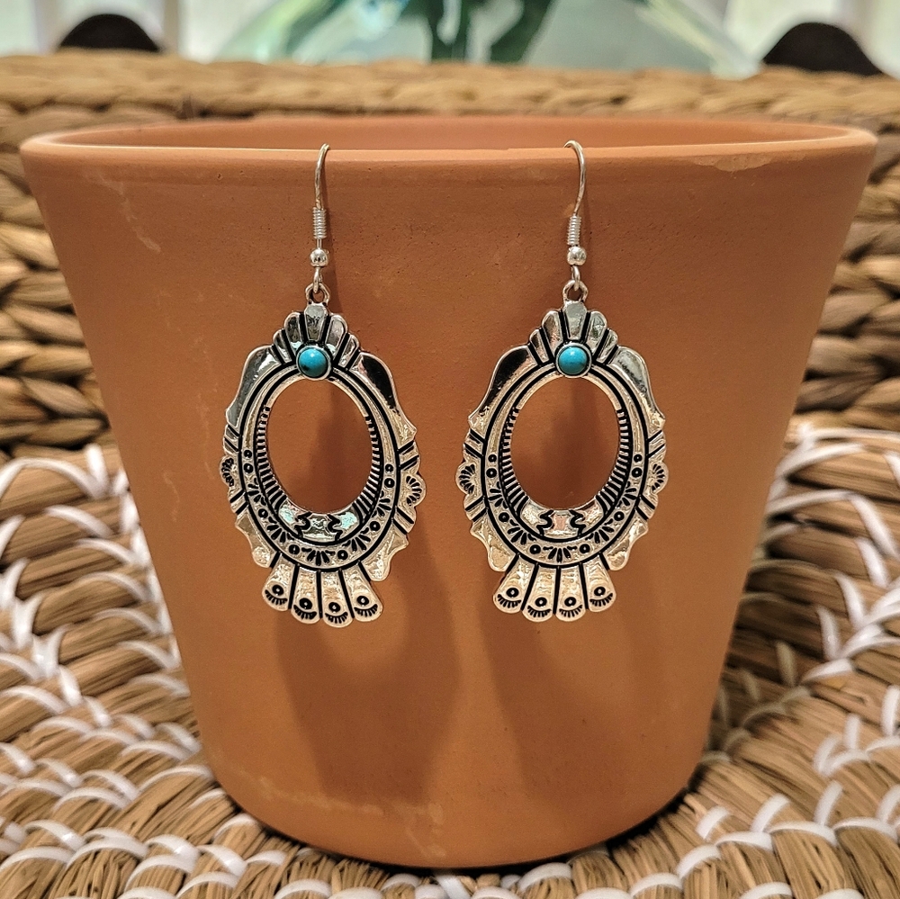 Silver And Turquoise Western Earrings New
